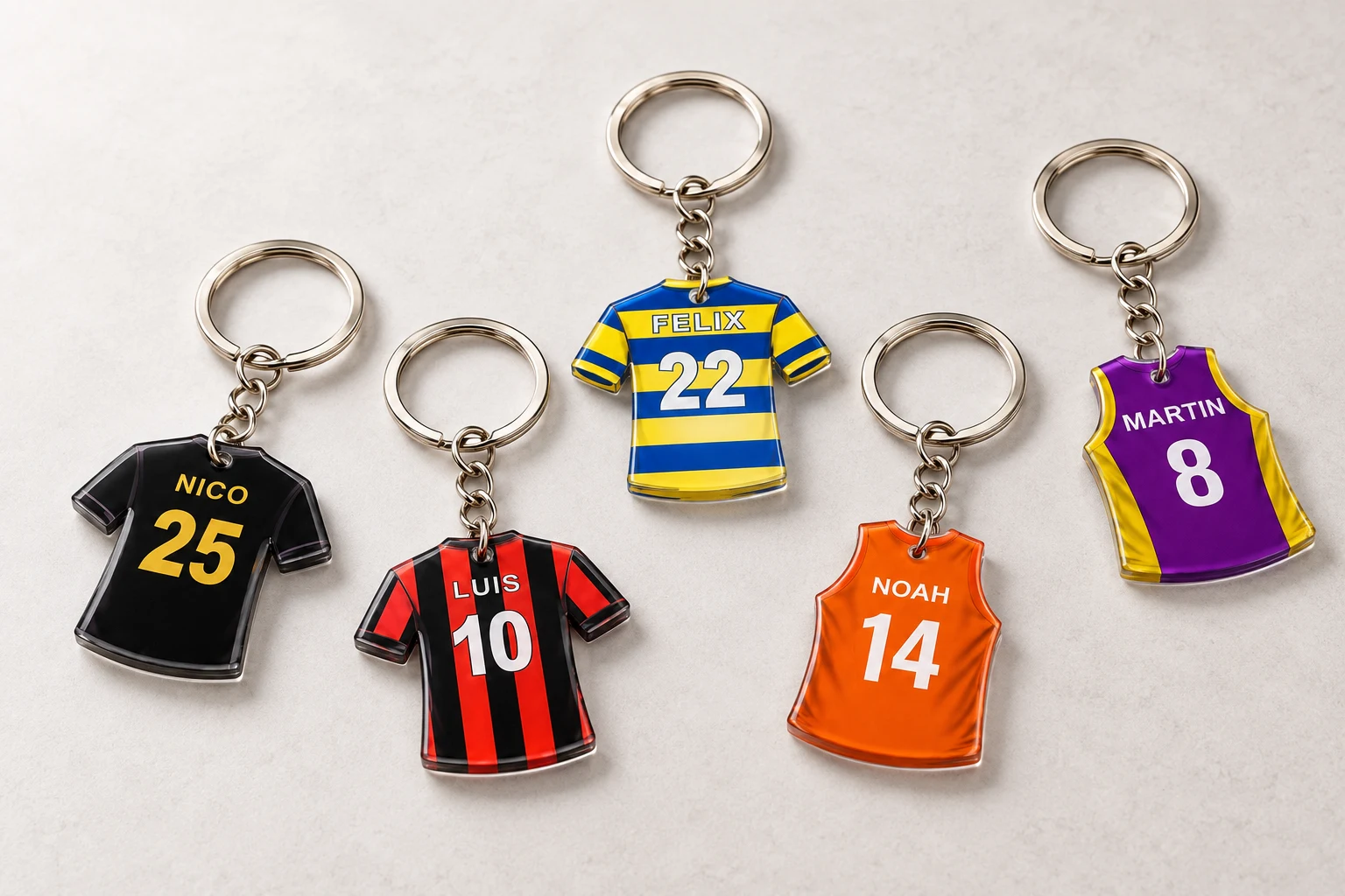 Colour-printed acrylic football and basketball jersey keychains for a team