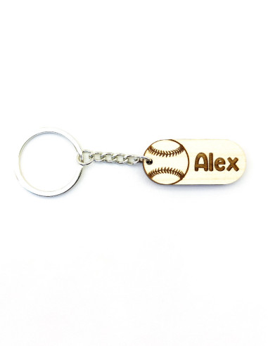 Wooden ball keychain · Name beside the ball · Baseball example