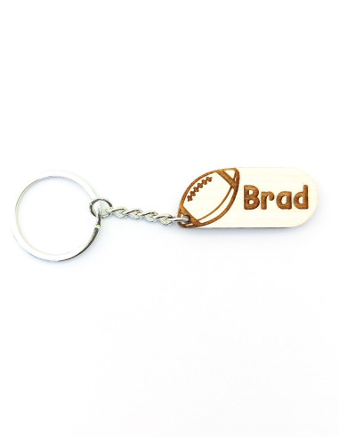 Wooden ball keychain · Name beside the ball · Rugby example